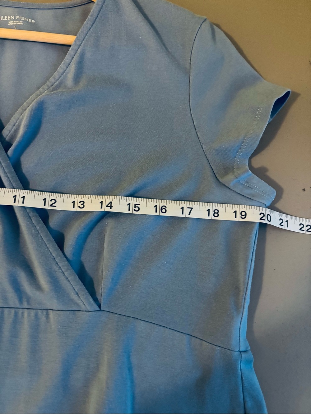 Eileen Fisher Blue faux wrap organic Cotton empire waist midi jersey dress Large - Picture 8 of 8